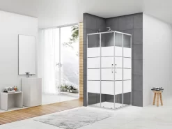 Box Doccia Angolare Arek 90x90 H190 Porte Scorrevoli Cristallo 6 Mm Trasparente Serigrafato Cromo