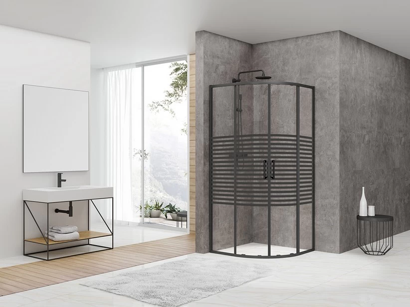 Box Doccia Angolare Semicircolare Arek 80x80 H190 Porte Scorrevoli Cristallo 6 Mm Trasparente Serigrafato Nero Opaco 1 Box Doccia Angolare Semicircolare Arek 80x80 H190 Porte Scorrevoli Cristallo 6 Mm Trasparente Serigrafato Nero Opaco