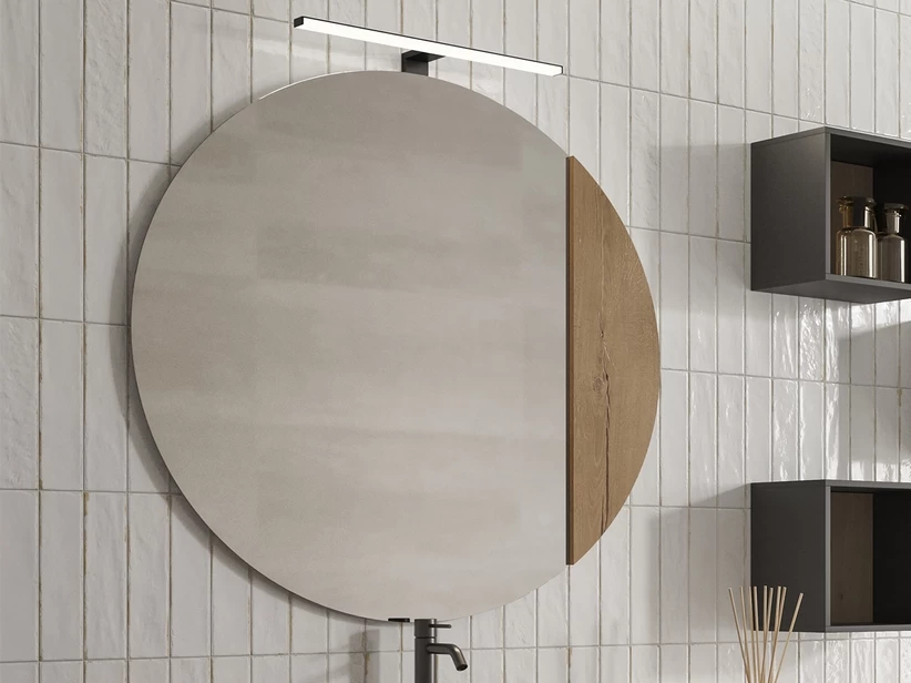 Specchio Bagno OXYGEN Ø 90 Cm. Con Inserto Impiallacciato In Legno Naturale Rovere Nodi 1 Specchio Bagno OXYGEN Ø 90 Cm. Con Inserto Impiallacciato In Legno Naturale Rovere Nodi