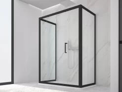 Box Doccia Zen 80x100x80 H190,4 Porta Scorrevole E 2 Lati Fissi Cristallo 6 Mm Trasparente Nero Opaco