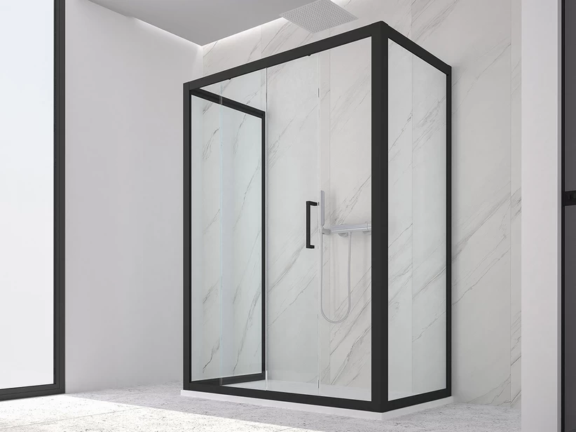 Box Doccia Zen 80x100x80 H190,4 Porta Scorrevole E 2 Lati Fissi Cristallo 6 Mm Trasparente Nero Opaco 1 Box Doccia Zen 80x100x80 H190,4 Porta Scorrevole E 2 Lati Fissi Cristallo 6 Mm Trasparente Nero Opaco